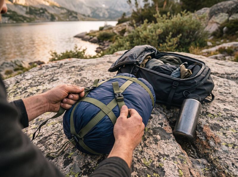 Mains qui serrent les sangles d'une housse de compression contenant un sac de couchage, au bord d'un lac