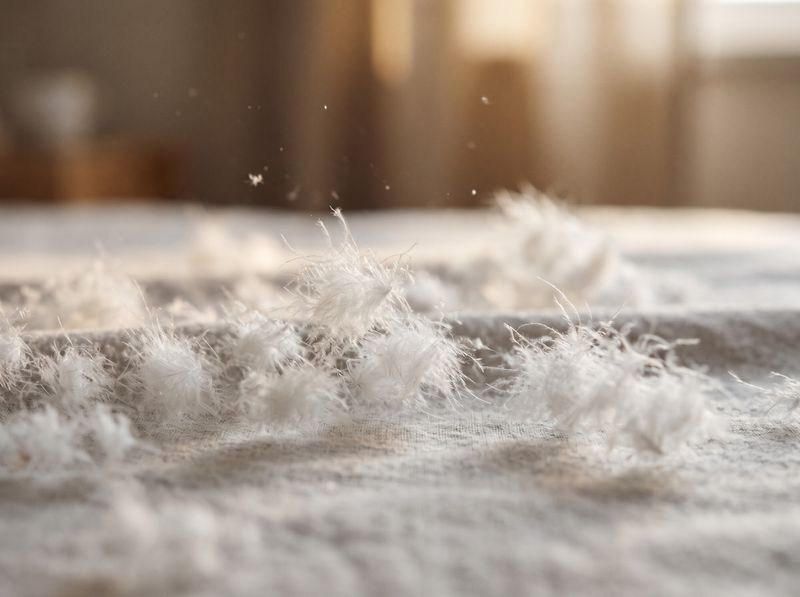 Flocons de duvet d'oie blanc, légers et gonflés, en gros plan