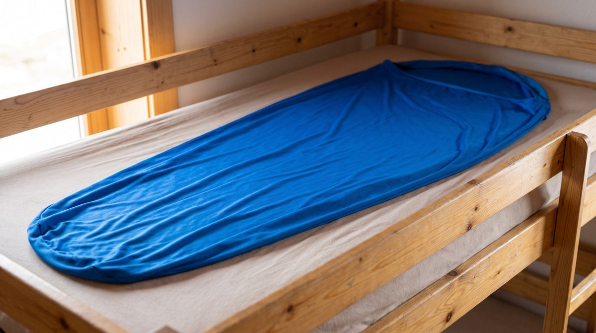 Drap de sac de couchage bleu étalé dans un refuge (Couleur : Bleu)