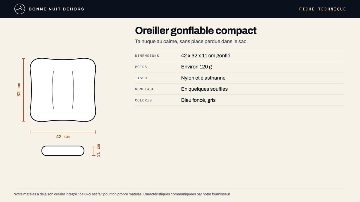 Fiche technique de l'oreiller gonflable compact : dimensions et poids