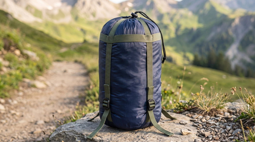 Housse de compression bleu foncé sur un rocher au bord d'un sentier (Couleur : Bleu foncé)