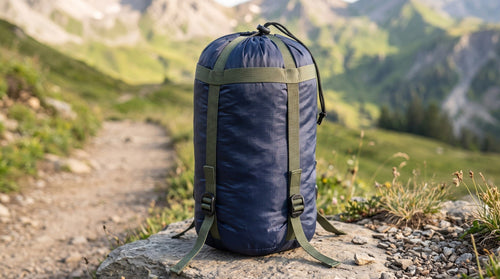 Housse de compression bleu foncé sur un rocher au bord d'un sentier (Couleur : Bleu foncé)