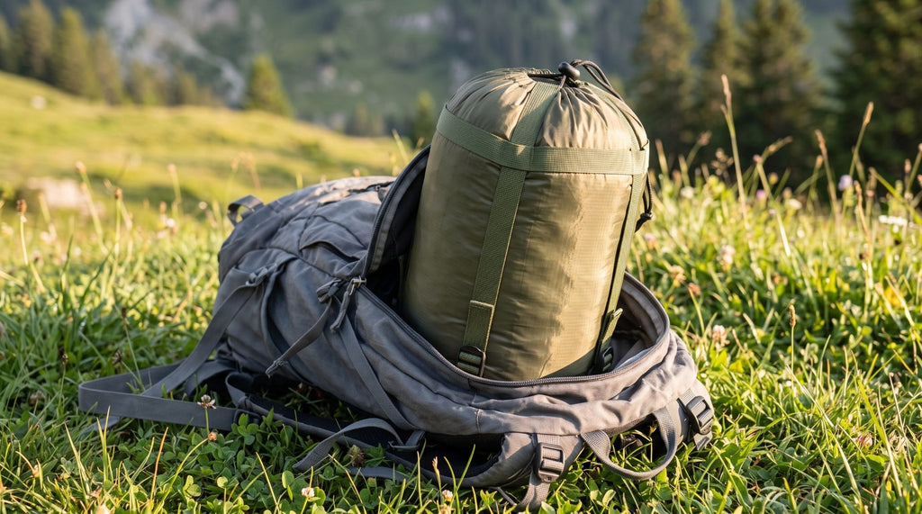 Housse de compression vert olive rangée dans un sac à dos (Couleur : Vert olive)