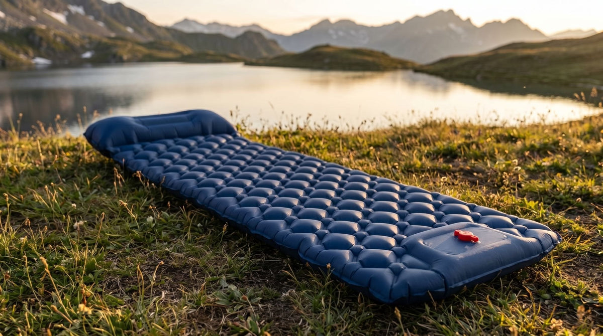 Matelas gonflable bleu foncé au bord d'un lac de montagne (Couleur : Bleu foncé)