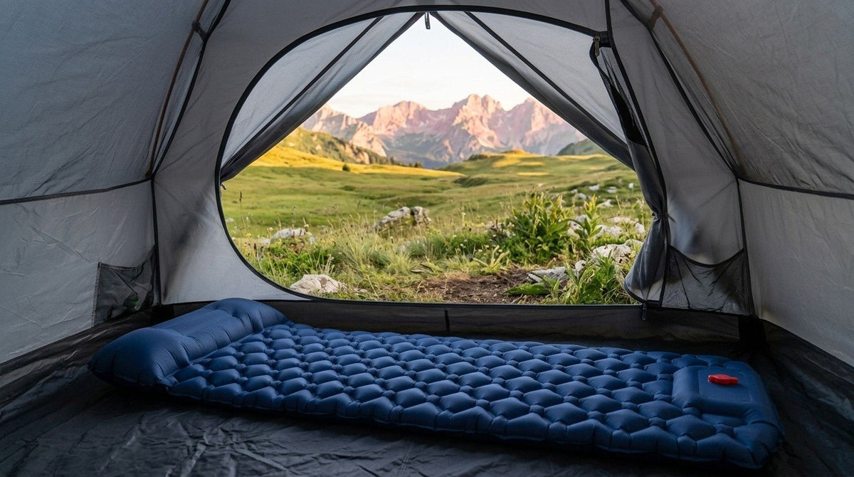 Matelas gonflable bleu foncé dans une tente ouverte sur un alpage (Couleur : Bleu foncé)