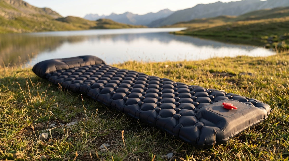Matelas gonflable avec oreiller intégré au bord d'un lac de montagne (Couleur : Noir)