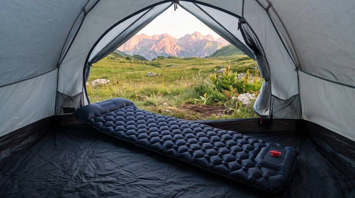 Matelas gonflable dans une tente ouverte sur un alpage (Couleur : Noir)
