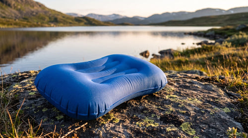 Oreiller gonflable bleu sur un rocher au bord d'un lac (Couleur : Bleu foncé)