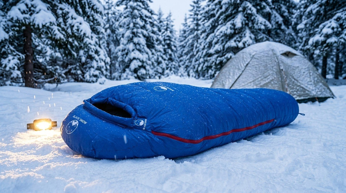 Sac de couchage momie en duvet 1300 g bleu devant une tente dans une forêt enneigée (Couleur : Bleu)