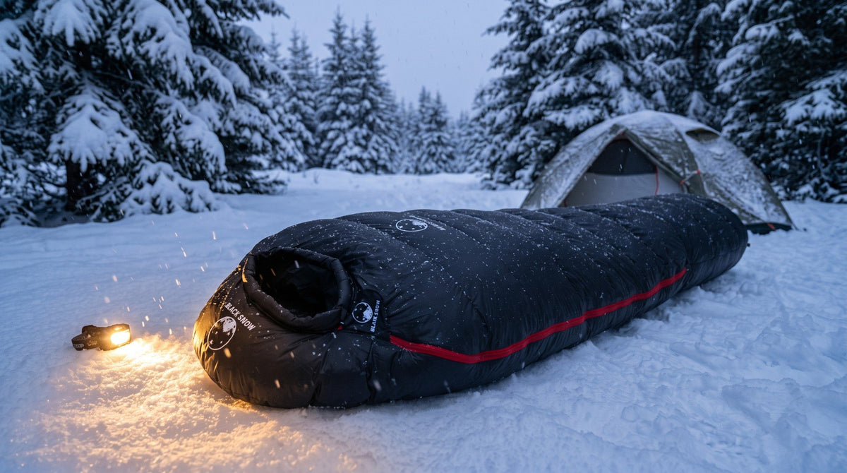 Sac de couchage momie en duvet 1300 g noir devant une tente dans une forêt enneigée (Couleur : Noir)