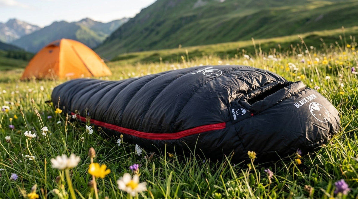 Sac de couchage momie en duvet 400 g noir dans une prairie d'été en montagne (Couleur : Noir)