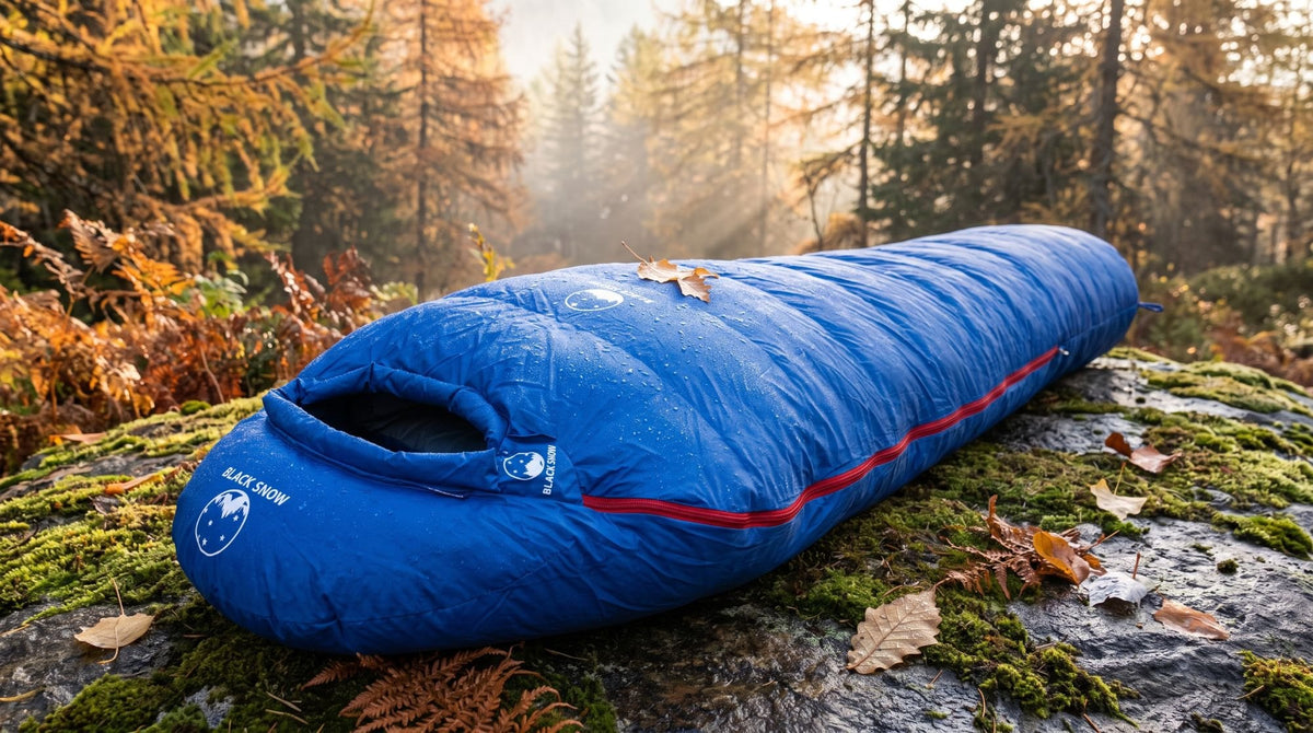 Sac de couchage momie en duvet 700 g bleu sur un rocher moussu en forêt d'automne (Couleur : Bleu)