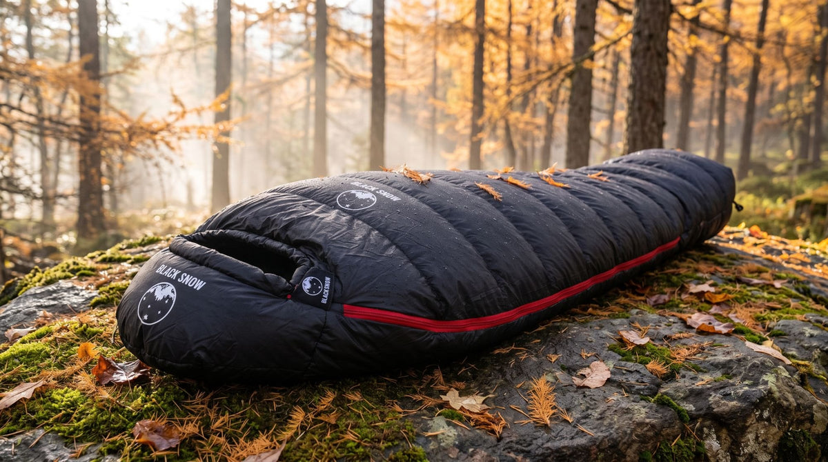 Sac de couchage momie en duvet 700 g noir sur un rocher moussu en forêt d'automne (Couleur : Noir)