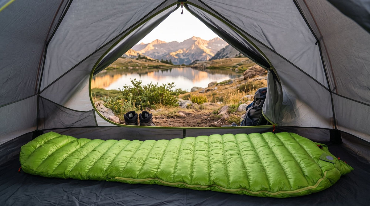 Sac de couchage ultra léger vert dans une tente ouverte sur un lac (Couleur : Vert)