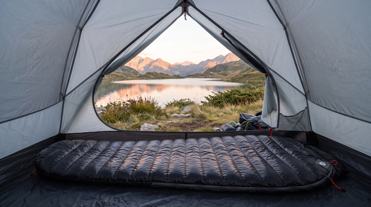 Sac de couchage ultra léger noir dans une tente au bord d'un lac (Couleur : Noir)