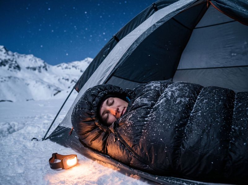 Randonneuse endormie dans un sac de couchage en duvet devant sa tente, nuit étoilée en montagne enneigée