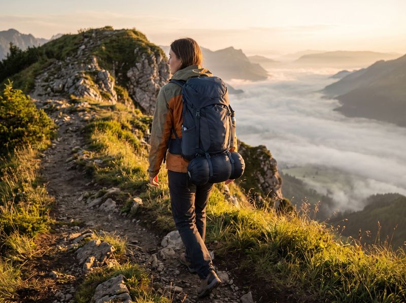 Randonneuse sur un sentier de crête au lever du soleil, son sac de couchage fixé sous un sac à dos léger